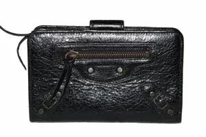 Authentic Balenciaga Black City Lambskin Leather Compact Wallet