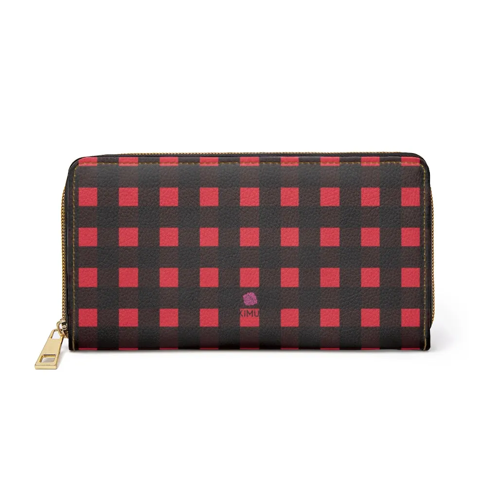 Buffalo Plaid Red Zipper Wallet, Long Compact 7.87" x 4.33" Cruelty-Free Faux Leather Wallet with High Quality Nylon Zip & Metal Hardware
