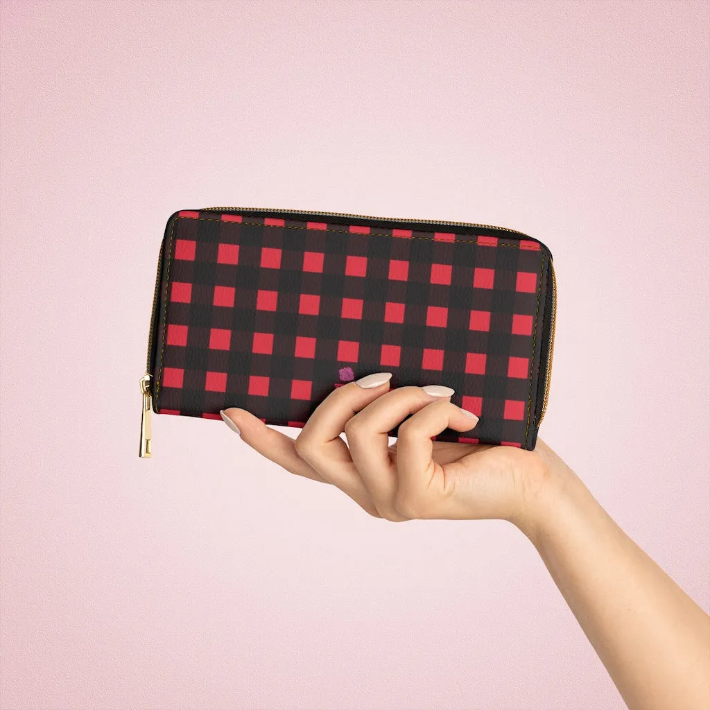 Buffalo Plaid Red Zipper Wallet, Long Compact 7.87" x 4.33" Cruelty-Free Faux Leather Wallet with High Quality Nylon Zip & Metal Hardware