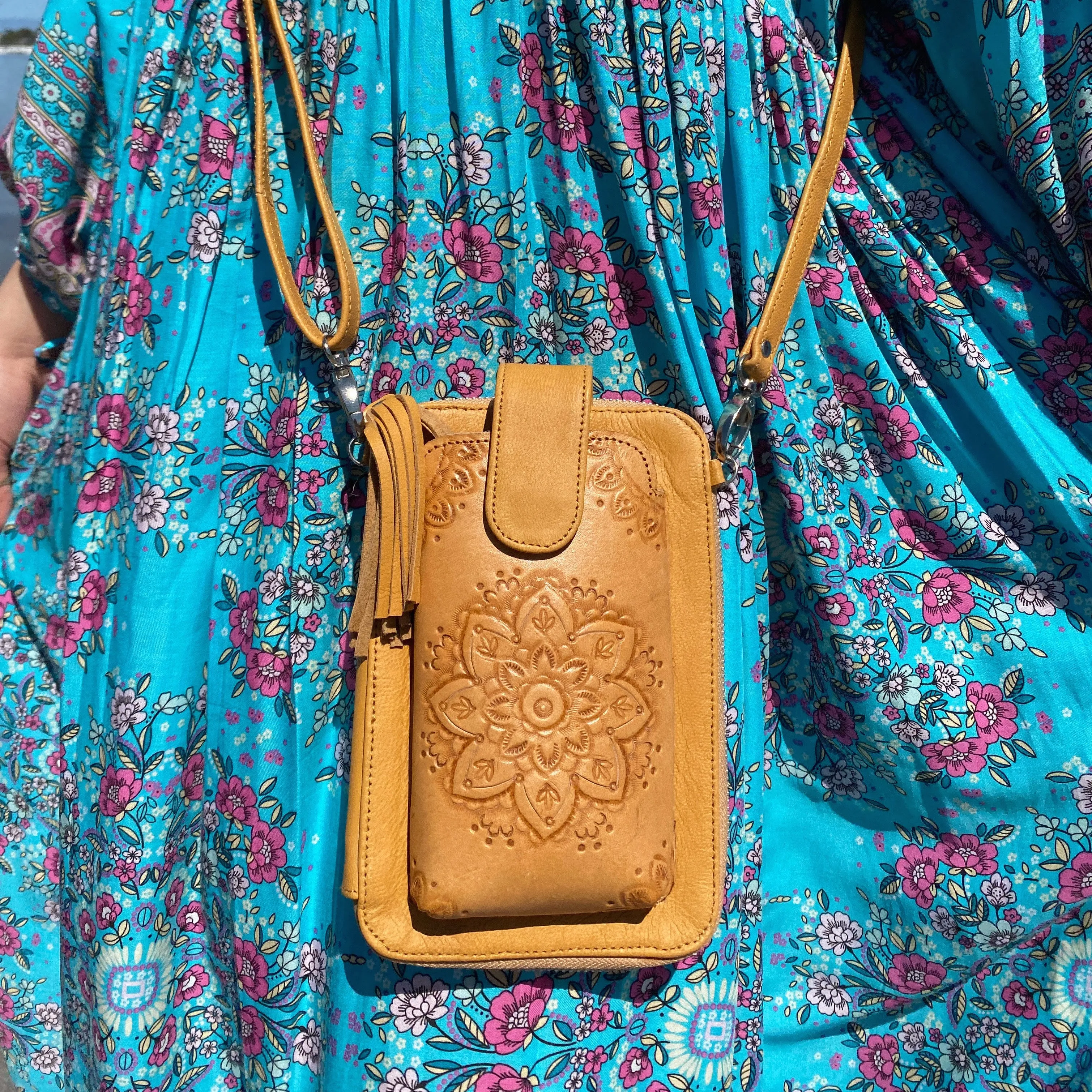 Hand Tooled Mandala Round Phone Bag - Light Tan