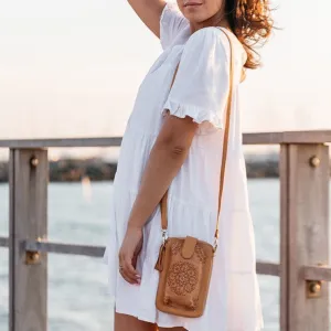 Hand Tooled Mandala Round Phone Bag - Light Tan