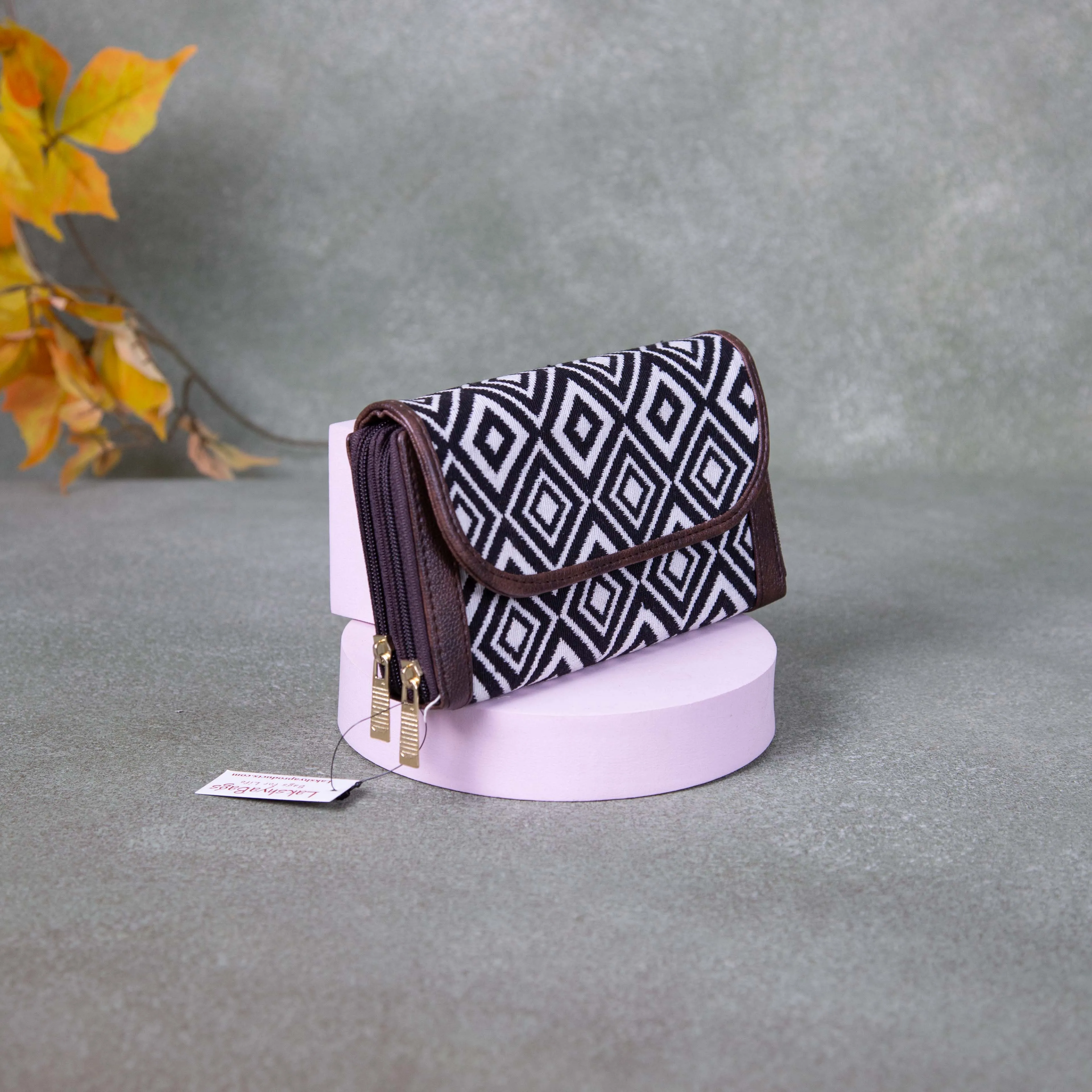 Handmade Wallets - Dual Zip Black Colour with Small Diamond Design