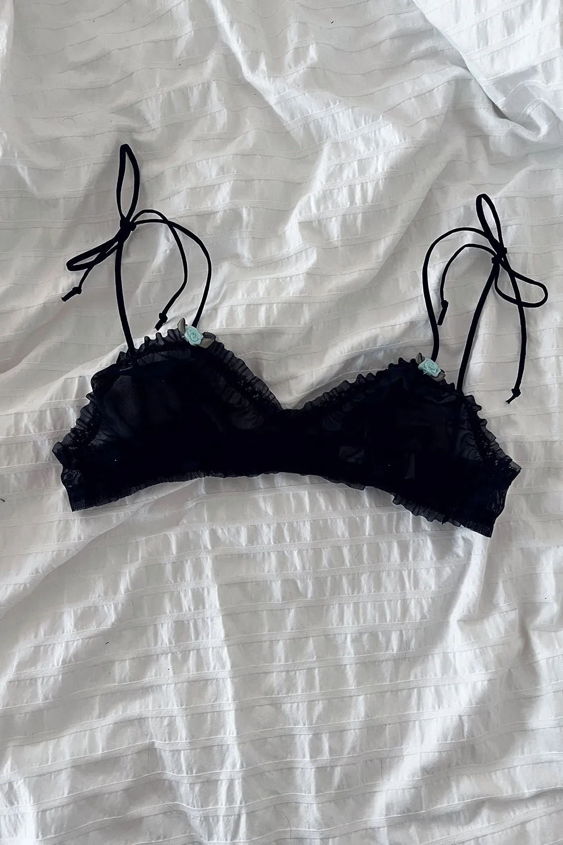 READY TO SHIP / Black Recycled Mesh Rosette Bralette (XS,S,M)