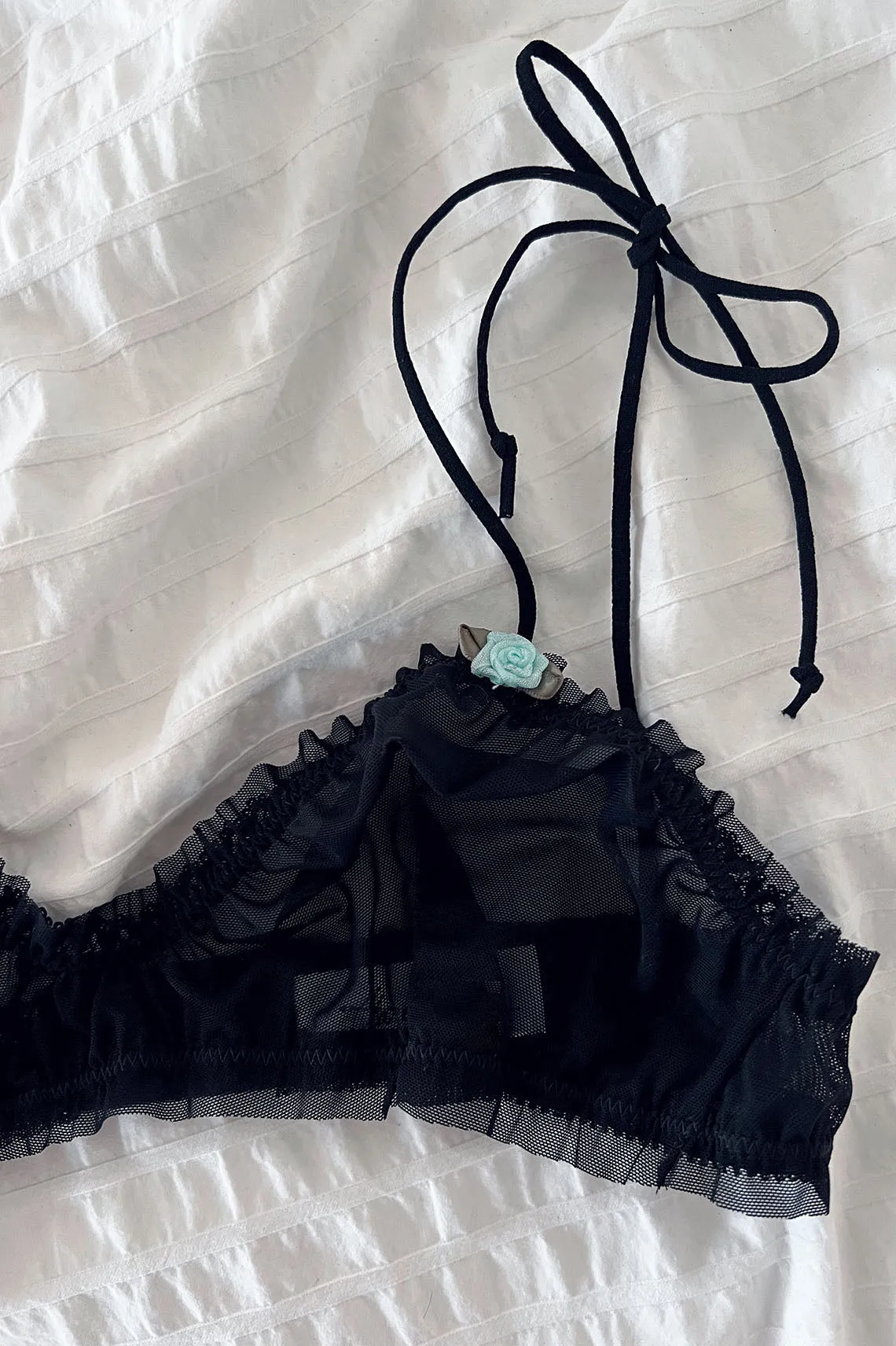 READY TO SHIP / Black Recycled Mesh Rosette Bralette (XS,S,M)