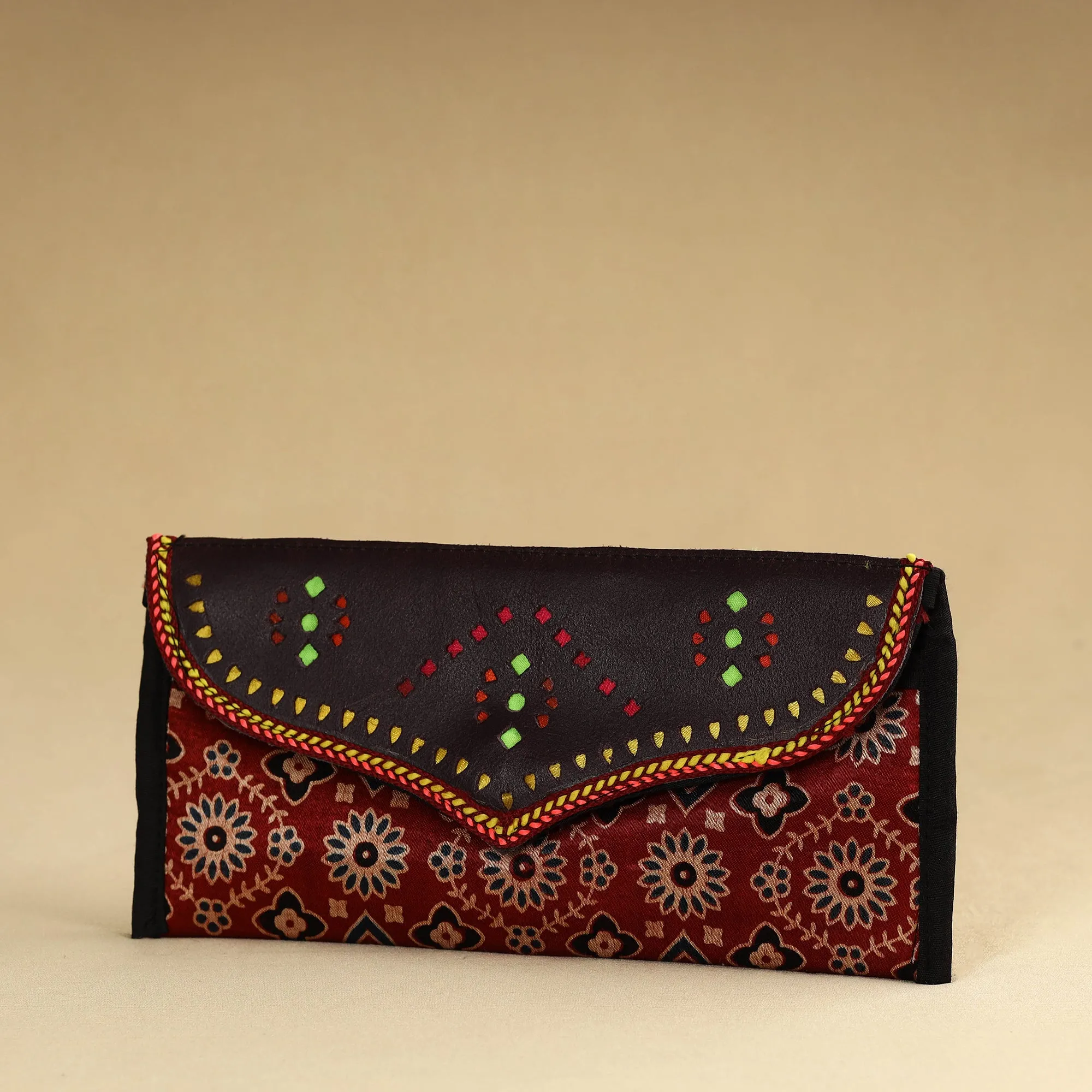 Red - Kutch Embroidery Mashru Silk Handmade Leather Wallet 11