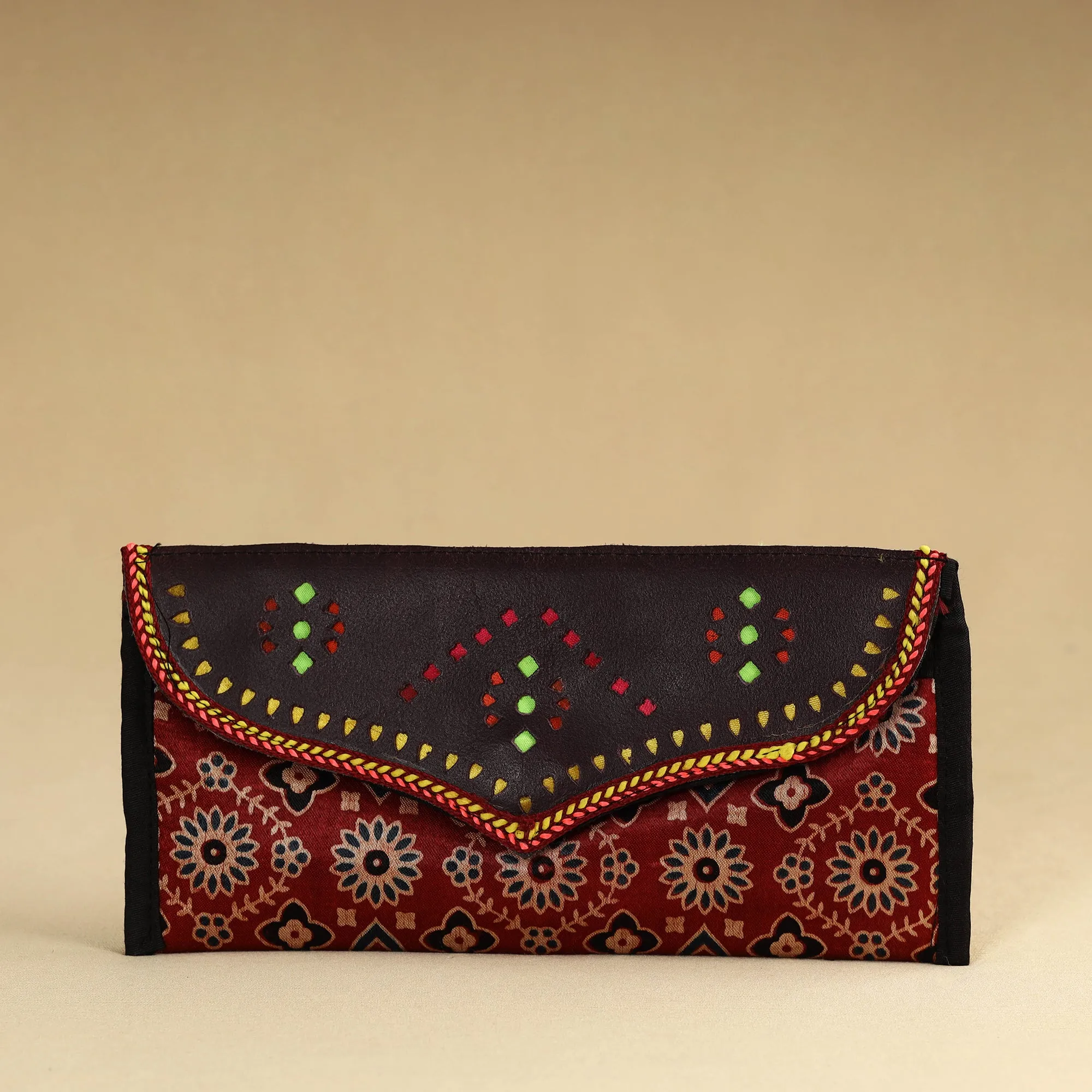 Red - Kutch Embroidery Mashru Silk Handmade Leather Wallet 11